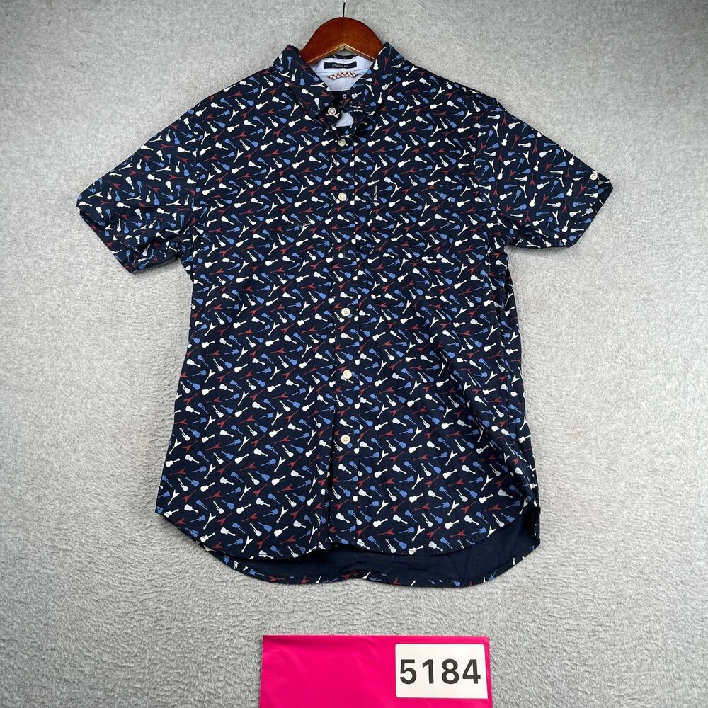 Ben Sherman Shirt Medium Navy Blue Guitar Stretch Button Up Short Sleeve Mens